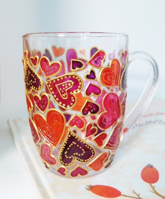 Items similar to Pinks Hearts Mug Glass Coffee Mug Gift Mug Hand