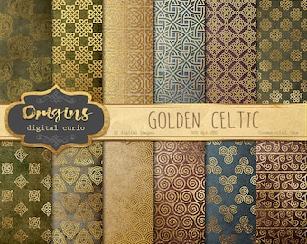 Gold Celtic Digital Paper, medieval fantasy gold foil digital backgrounds, printable scrapbook paper, irish gold crests, royal patterns