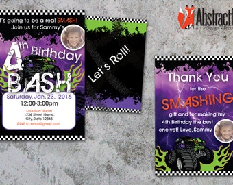 Monster Truck Invitation and Thank You card - Personalized Boy Birthday Invitations - Download