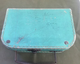 French 1950s chlids tiny suitcase in green with faded name and address