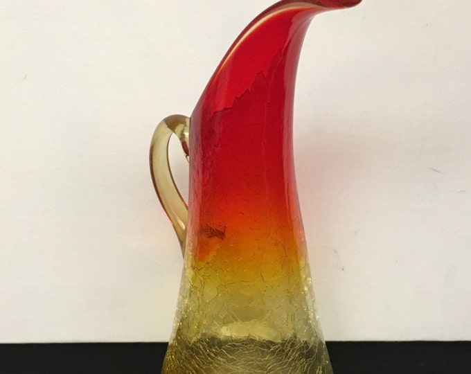 Storewide 25% Off SALE Vintage Amberina Crackle Art Glass Beverage Pitcher Featuring Eclectic Curved Lip Spout