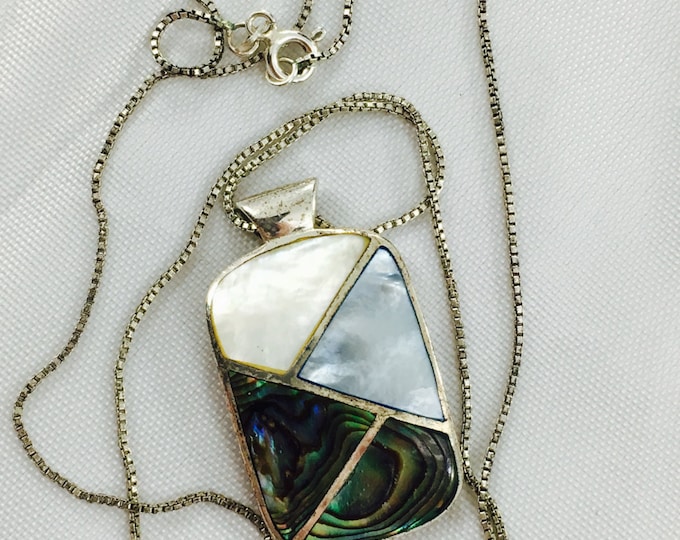 Storewide 25% Off SALE Vintage Sterling Silver Abalone Mother Of Pearl Italian Pendant & Chain Necklace Featuring Eclectic Modern Design