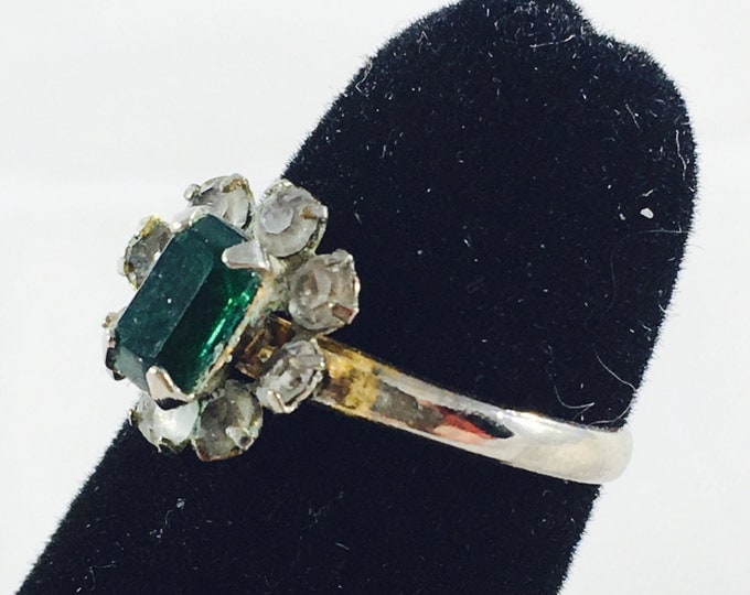 Storewide 25% Off SALE Vintage Silver Tone Emerald Green Adjustable Cocktail Ring Featuring Rhinestone Flanked Design