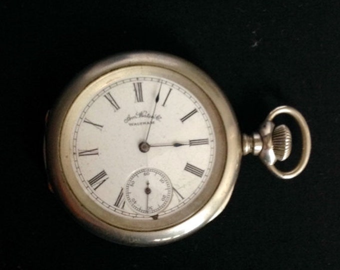 Storewide 25% Off SALE Vintage Silver Tone AM Watch Co. Waltham Mechanical Pocket Watch With Stopwatch Dial Featuring White Face & Roman Mar
