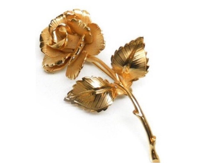 Storewide 25% Off SALE Vintage Gold Tone Arched Long Stem Blooming Rose Brooch Pin Featuring Textured Design Finish With Thorn Accents