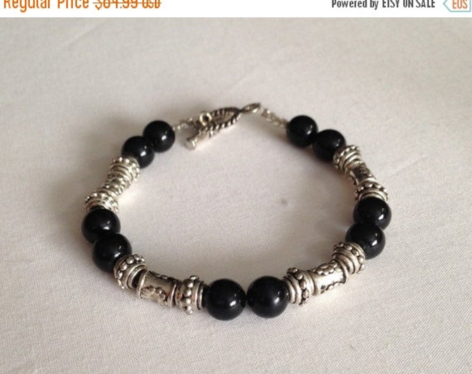 Storewide 25% Off SALE Vintage Silver Tone Barbell Segmented Black Beaded Bracelet Featuring Raised Design Accents With Toggle Clasp Closure