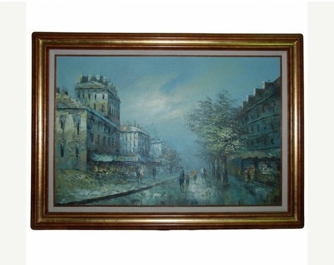 Storewide 25% Off SALE Vintage Original H. Walter LARGE Oil on Canvas Featuring a European Street Scene With Vivid Blues & Crafted Gilt Fram