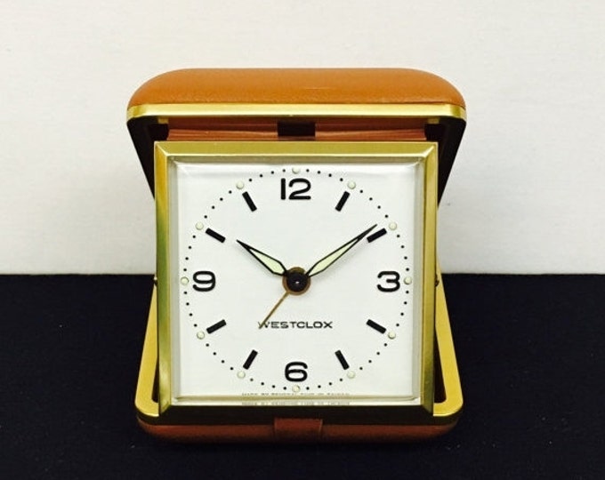 Storewide 25% Off SALE Vintage Westclox Gold Tone Bedside Mechanical Travel Alarm Clock Featuring White Face Dial With Matching Bezel Markin
