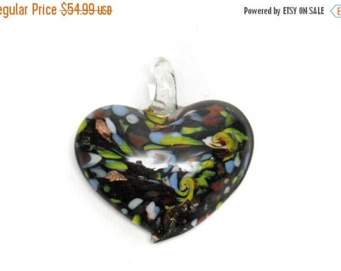 Storewide 25% Off SALE Vintage Blown Art Glass Heart Necklace Pendant Featuring Multidimensional Color Design Finish