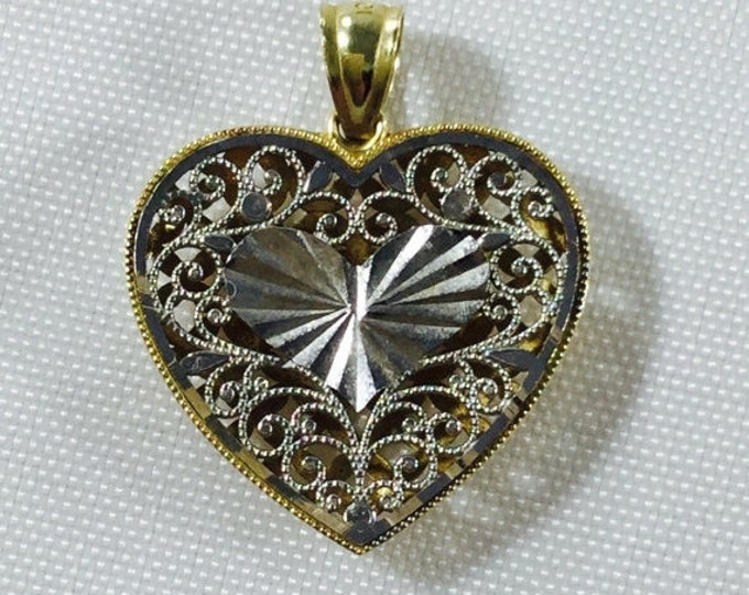 Storewide 25% Off SALE Vintage 10k Gold Filigree Heart Designer Necklace Pendant Featuring Unique Double Sided Design