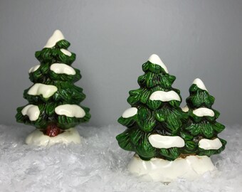 set of two vintage ceramic trees with snow