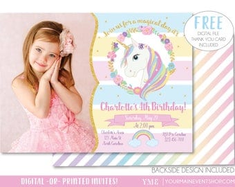 Unicorn Invitation, Unicorn Party Invite, Magical Rainbow Unicorn Birthday Invitation Printable With Photo, Free Thank You Card