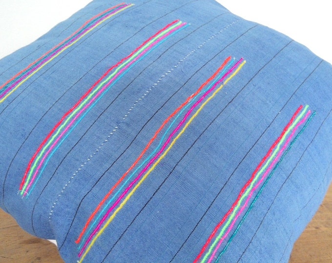 18"x18" Beautiful Blue with Neon Stripes Ethnic Hmong Fabric Pillow Cover, Vintage Hill Tribe Textile Pillow Case, Bohemian Throw Pillow