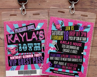 VIP pass, slumber party invitation / Pajama Party / sleepover invitation / spa sleepover invitation, sleepover party invitation, girl party