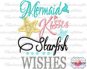 Mermaid kisses Starfish Wishes Embroidery Applique Design, dst, exp, hus, jef, pes, sew, vip, vp3, Digital INSTANT DOWNLOAD