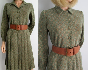 Wool winter shirt dress, green patterned, french vintage retro, knee length, long sleeves, pleated skirt, handcrafted, medium large