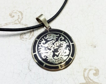 Dragon necklace. Enameled Dragon medallion. Dragon pendant. Tibetan Dragon pendant. Asian Dragon. Dragon jewelry. Mens necklace.