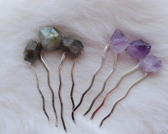 Natural Crystal Hair Pins, Amethyst Hair Comb, Labradorite Stone Hair Pin