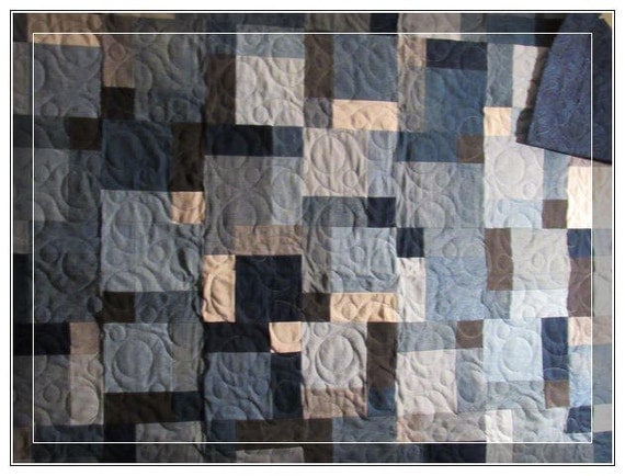 Denim Quilt handmade quilt fathers day gift paisley blue backing cabin quilt or blanket for Mothers day gift abstract Squares