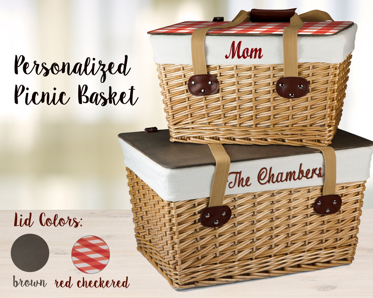 Personalized Wedding Gift Picnic Basket with Embroidered