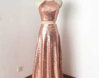 Two Piece Rose Gold Sequin Long Prom Dress 2017