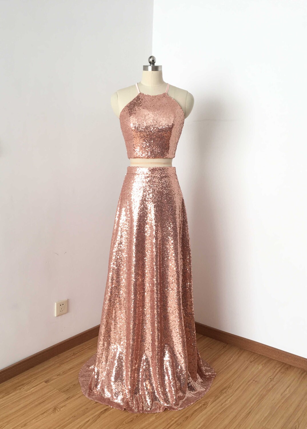 Two Piece Rose Gold Sequin Long Prom Dress 2017