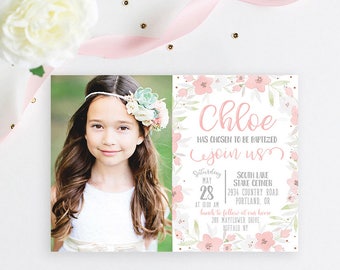 LDS Baptism Invitation, Modern Girl Baptism Invitation, Watercolor Floral