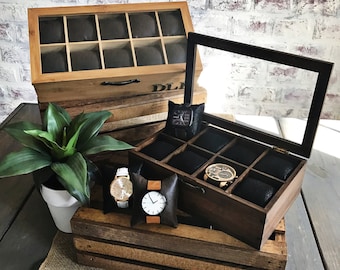 Watch Box - LEATHER FAUX - Watch Organizer- Men's Valet - Gifts for Men - Gifts for Women- Groomsmen Gift - Compartment Watch Box