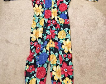 DVF Vintage Diane Von Furstenberg 100% Rayon Floral Flowers Jumpsuit SZ Med