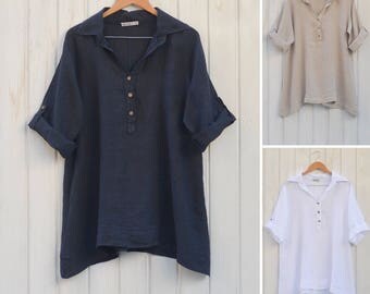 Lagenlook Plus Size Linen Blouse Ladies Womens Vintage Summer Quirky Artsy New Style, Womens Plus Size Linen, UK 16 18 20 22 24 26 8934