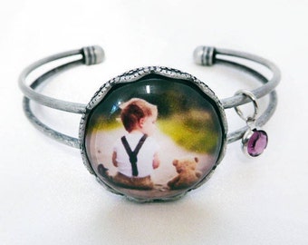 Custom photo bracelet adjustable cuff bracelet with birth stone child photo bracelet family photo bracelet silver bangle bracelet