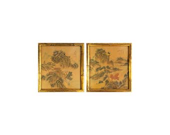 Antique Pair Japanese Framed Wall Art Painting Watercolor on Silk