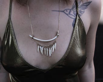 Coyote Rib Bone Pendant with Gold Chain and Small Shell- Bone Necklace- Bone Jewelry-Taxidermy Accessories- Gold Chain Necklace-Boho Jewelry