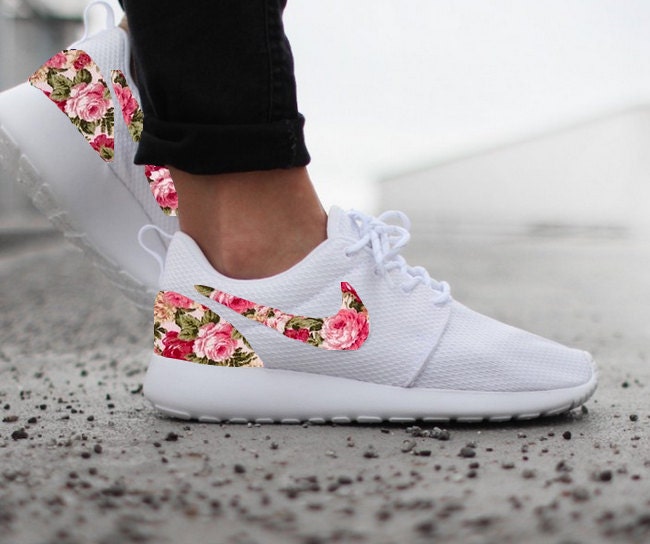 Nike Roshe White with Custom Pink Rose Floral Print