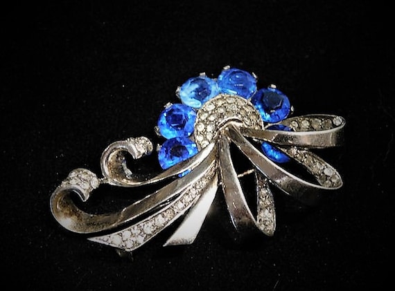 Marcel Boucher Sterling Sapphire Blue Rhinestone Brooch 1940s Art Deco NY Designer MB Phrygian Cap Hollywood Wedding Bride Bridal Jewelry
