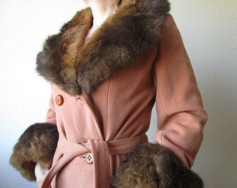 Vintage 1970s Disco Wool Coat with Faux Fur Collar & Cuff by Domino New York