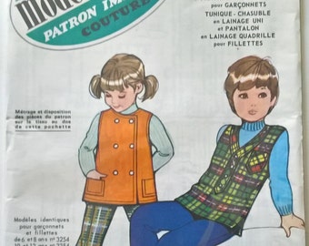 Fabulous UNOPENED 70's french vintage sewing pattern : Boys/Girls Flared Trousers & 2 Tunics Sizes 2-4 years/ 2-4 ans Modes et Travaux 3154