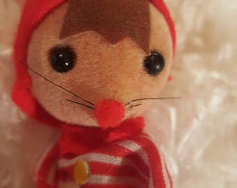 Red and White Christmas Holiday Felt Mouse With Black Button Eyes In Stripped Shirt From Hong Kong 1960's