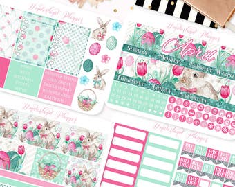 April Monthly View - Easter Bunny Themed Planner Sticker Monthly Kit // 145+ Stickers // Perfect for Erin Condren Vertical Life Planner