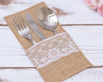 Burlap Silverware Holder Rustic Wedding Table Lace Burlap Decor Burlap Cutlery Holder Flatware Holder Wedding Set Cutlery Holder Set of 10