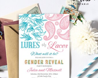 Gender Reveal Invitation | Lures and Laces | 5x7 | Editable PDF File | Instant Download | Personalize at home with Adobe Reader