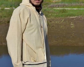Hemp Jacket | Long Sleeve | 100% Hemp Handwoven | Burning Man Jacket| Tribal Baja Boho | Rustic Jacket | Hawaiian Beach Hoodie| Jedi Robe