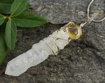 8.5cm Faceted CITRINE & QUARTZ Pendant - Growth Interference Quartz Crystal w/ Argentium Silver Wire Wrapped Pendant - Handmade Jewelry J860