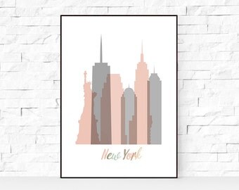 New York Skyline Pick and Grey, Print 8x10 - 24x36inc, Watercolor Print, NYC Wall Art, Watercolor Art, City Poster, Cityscape, Home Decor.