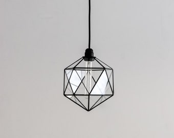 Icosahedron Glass Chandelier / Geometric Pendant Light / Modern Warm Retro Bulb Lamp / 70's industrial retro furniture / Hanging Lighting