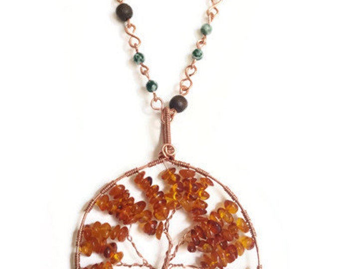 Baltic Amber, Pukalet & Agate Tree of Life Necklace, Baltic Amber Necklace, Tree of Life Pendant, Chakra Necklace, Birthday Gift, N012