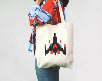 Galaga Ship Tote Bag - 8 bit game canvas bag - 90's - Gift for geek, gamer - Space Ship - Retro Arcade Game - Classic video game cotton bag