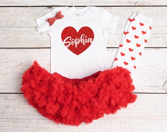 Valentines Outfit, Baby Girls Valentines Outfit, Glitter Heart Shirt, Personalized Valentines Onesie, Red Pettiskirt, Valentines Day