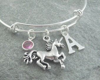 Unicorn bracelet, silver unicorn charm, initial bracelet, adjustable bangle, swarovski birthstone, personalized jewelry, unicorn jewelry