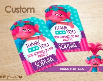 Troll thank you tags, Trolls birthday party, instant download, thank you cards, Troll gift tags, Troll favor tags, printable troll